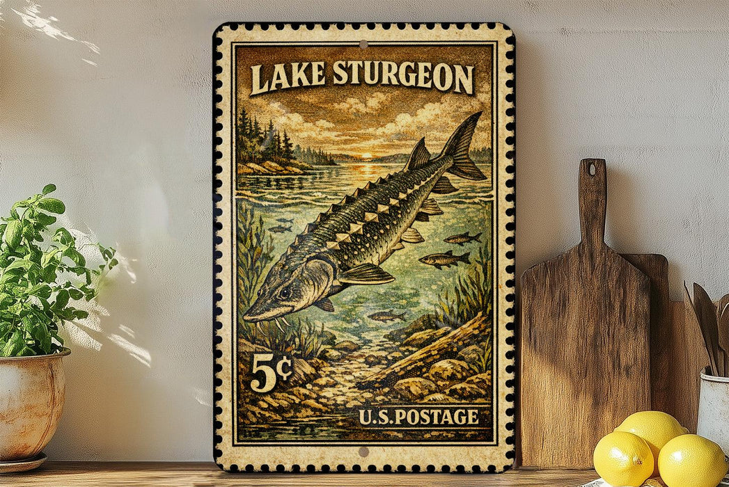 A vintage-style stamp depicting a sturgeon fish, with the text "Lake Sturgen" and "U.S. Postage" printed on it. The stamp is placed on a shelf next to a wooden cutting board and a potted plant.