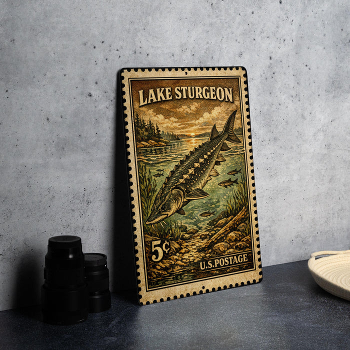 A vintage-style stamp depicting a sturgeon fish, with the text "Lake Sturgeon" and "U.S. Postage" printed on it. The stamp is placed on a gray surface next to some black camera lenses.