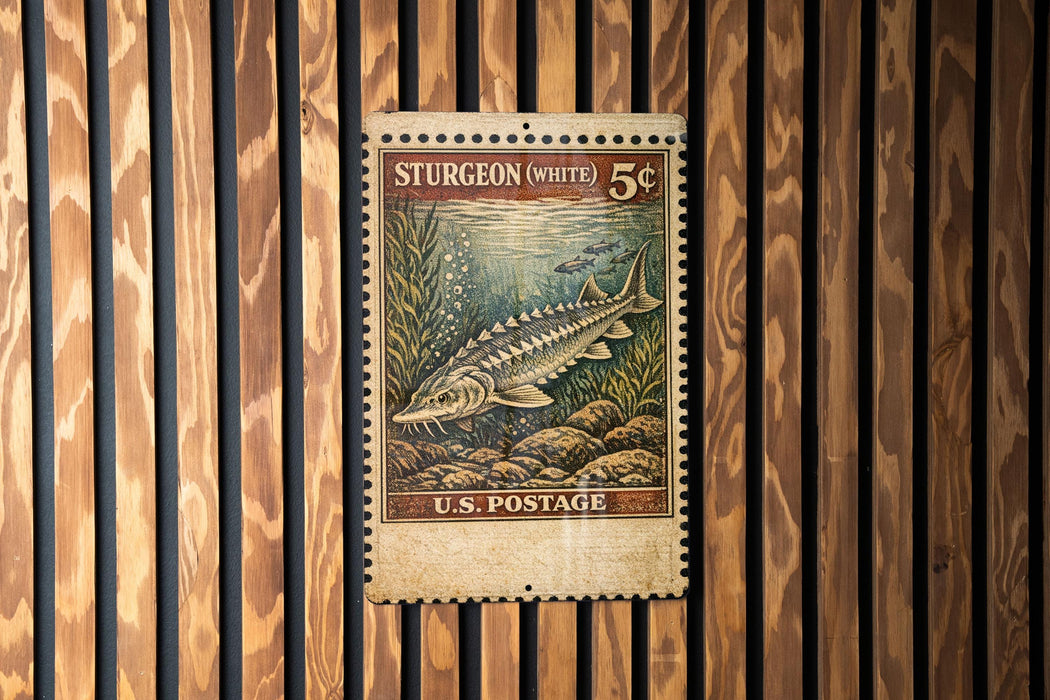 A vintage U.S. postage stamp featuring a sturgeon fish, which is a type of fish with a distinctive appearance, is displayed on a wooden wall.
