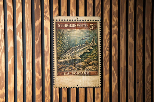 A vintage U.S. postage stamp featuring a sturgeon fish, which is a type of fish with a distinctive appearance, is displayed on a wooden wall.