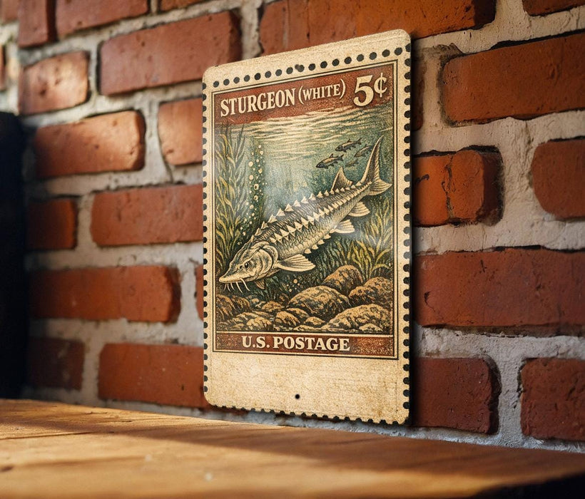 A vintage postage stamp featuring a sturgeon fish, which is a type of fish, is displayed on a wooden surface against a brick wall.