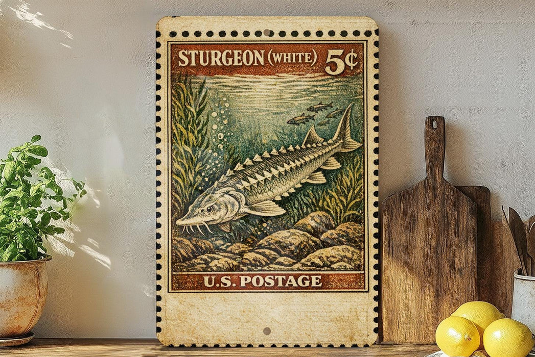A vintage postage stamp featuring a fish, likely a sturgeon, is displayed on a shelf next to a wooden cutting board and some lemons.