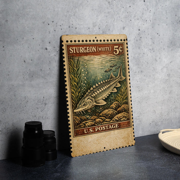 A vintage U.S. postage stamp featuring a sturgeon fish, placed on a dark surface next to some black camera lenses.