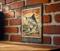 A vintage-style swordfish postage stamp is displayed on a brick wall, featuring a detailed illustration of a swordfish leaping out of the water.