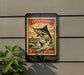 a vintage-style swordfish postage stamp mounted on a wall, with a plant to the left of it.