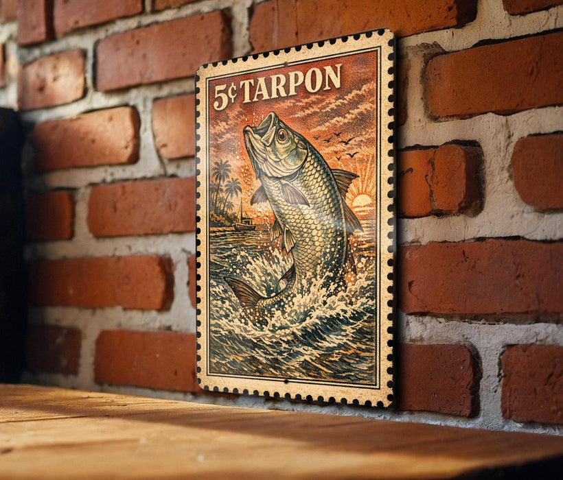 a framed illustration of a fish, likely a Tarpon, against a brick wall background.