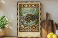 A vintage-style stamp depicting a blackfish, with the text "Tautog" and "5¢" printed on it. The stamp is displayed on a wall, surrounded by various kitchen items such as a cutting board, a lemon, and a potted plant.