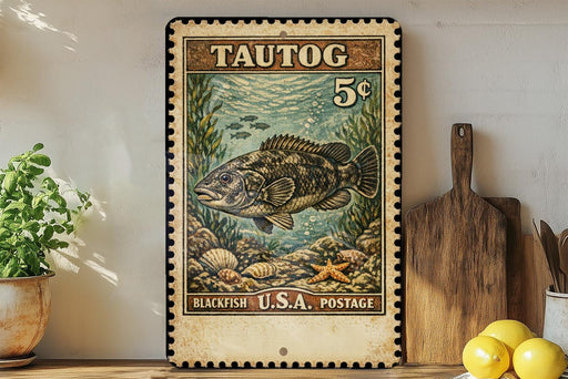 A vintage-style stamp depicting a blackfish, with the text "Tautog" and "5¢" printed on it. The stamp is displayed on a wall, surrounded by various kitchen items such as a cutting board, a lemon, and a potted plant.