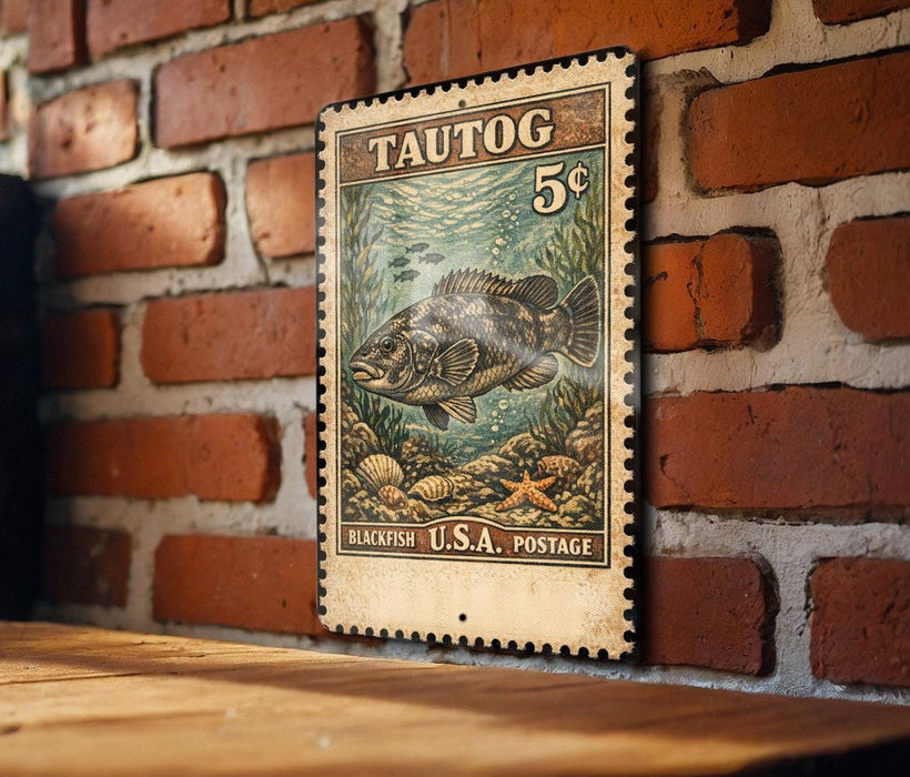 A vintage 5¢ Tautog postage stamp from the United States, featuring a blackfish illustration, is displayed on a brick wall.