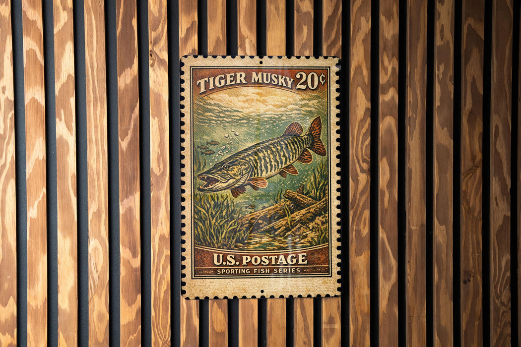 A vintage U.S. postage stamp featuring a tiger musky fish, hanging on a wooden wall.