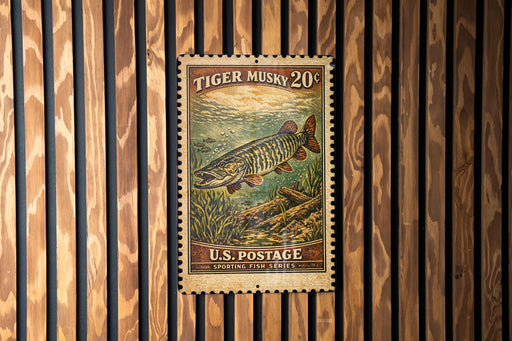 A vintage U.S. postage stamp featuring a tiger musky fish, hanging on a wooden wall.