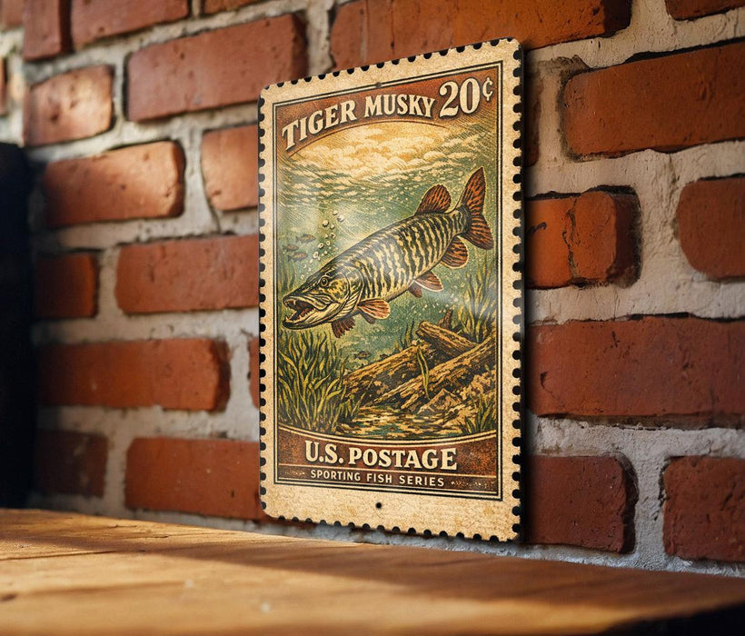 A vintage-style postage stamp featuring a large fish, likely a tiger musky, against a brick wall background.