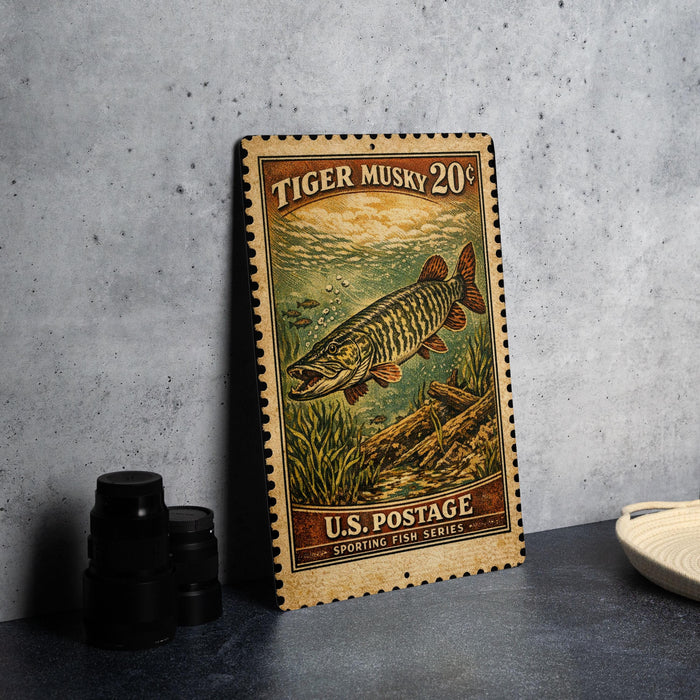 A vintage postage stamp featuring a large musky fish, with the text "TIGER MUSKY 20¢" and "U.S. POSTAGE SPORTING FISH SERIES" printed on it.