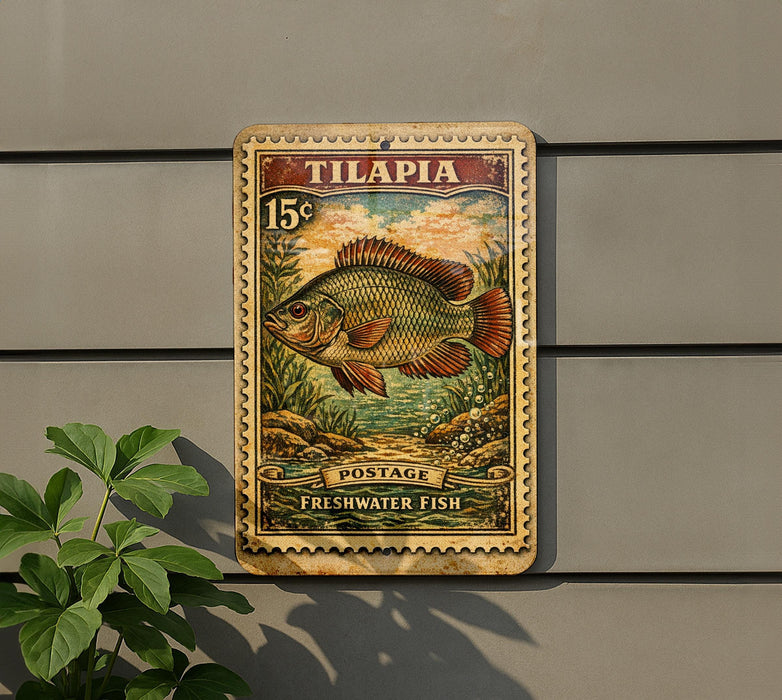 A vintage postage stamp featuring a fish, mounted on a wall next to a plant.