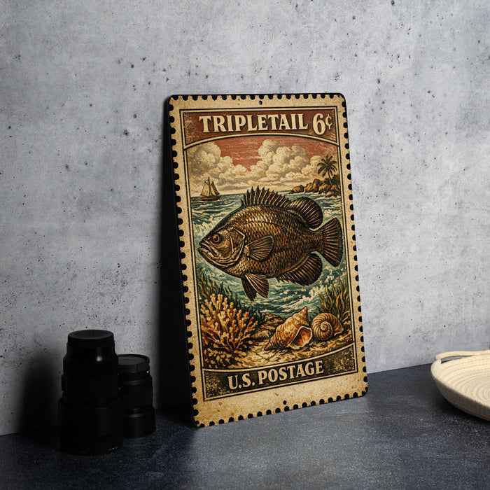 A vintage-style metal stamp depicting a large fish, likely a Tripletail, on a U.S. postage stamp.