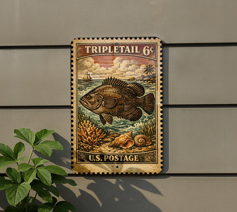 A vintage postage stamp featuring a large fish, with the text "TRIPLETAIL 6¢" and "U.S. POSTAGE" printed on it. The stamp is mounted on a gray wall, and there is a plant to the left of the stamp.