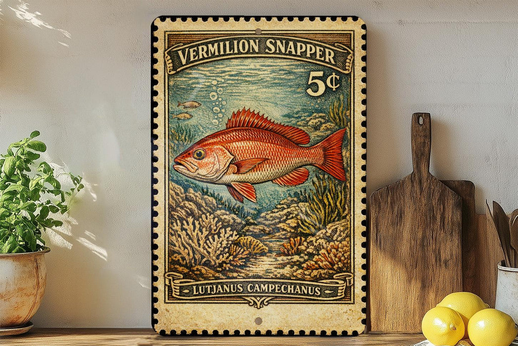 A vintage-style postage stamp featuring a red fish, with the text "VERMILION SNAPPER 5¢" and "LUTIANUS CAMPECHANUS" printed on it. The stamp is displayed on a wall, with a wooden cutting board and a potted plant visible in the background.