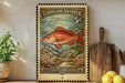 A vintage-style postage stamp featuring a red fish, with the text "VERMILION SNAPPER 5¢" and "LUTIANUS CAMPECHANUS" printed on it. The stamp is displayed on a wall, with a wooden cutting board and a potted plant visible in the background.