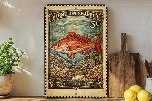 A vintage-style postage stamp featuring a red fish, with the text "VERMILION SNAPPER 5¢" and "LUTIANUS CAMPECHANUS" printed on it. The stamp is displayed on a wall, with a wooden cutting board and a potted plant visible in the background.