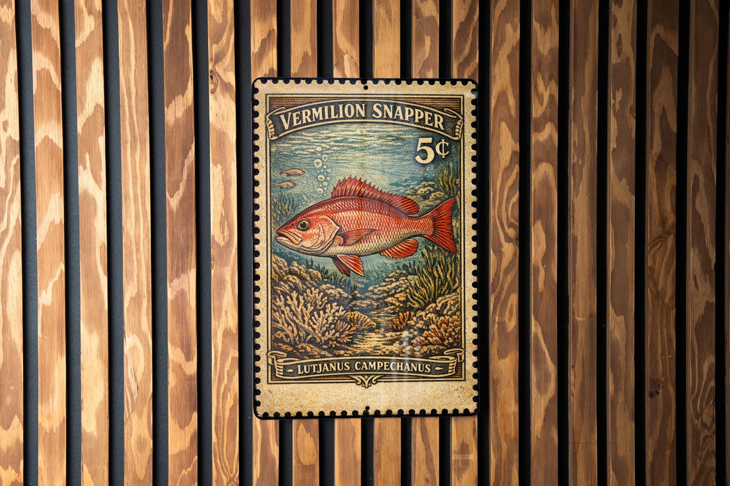 A vintage postage stamp featuring a red fish, likely a Vermilion Snapper, against a backdrop of underwater scenery.