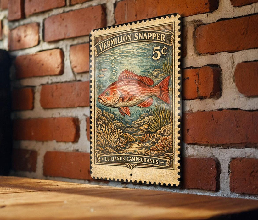 A vintage-style postage stamp featuring a red fish, likely a Vermilion Snapper, against a brick wall background.
