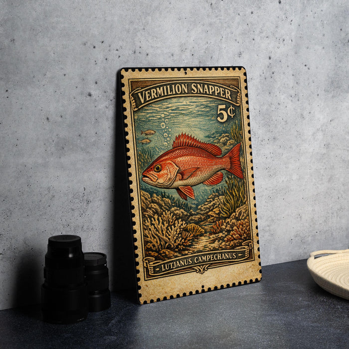 A vintage postage stamp featuring a red fish, likely a Vermilion Snapper, on a coral reef.