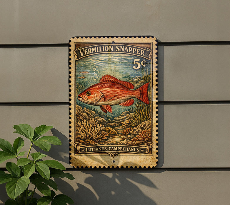 A vintage-style postage stamp featuring a red fish, likely a Vermilion Snapper, against a backdrop of underwater scenery.