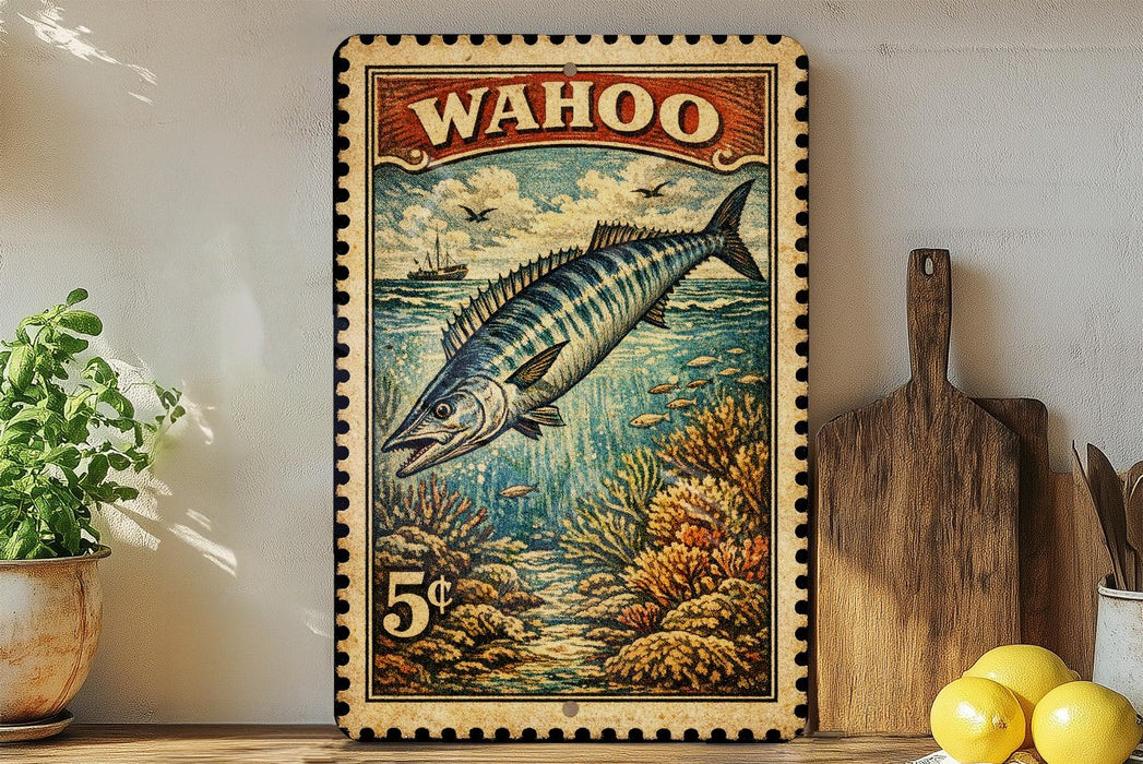 A framed vintage-style stamp depicting a fish, with the word "WAHOO" written on it, is displayed on a shelf next to a wooden cutting board and some lemons.