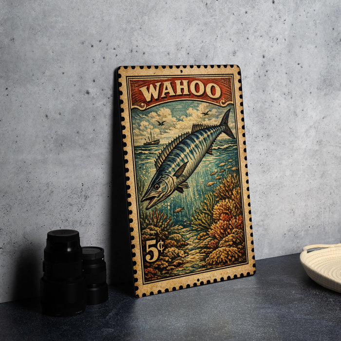 A vintage-style stamp featuring a large fish, likely a whale, swimming in a colorful underwater scene. The stamp has the word "WAHOO" written on it, and there is a price of 5 cents.