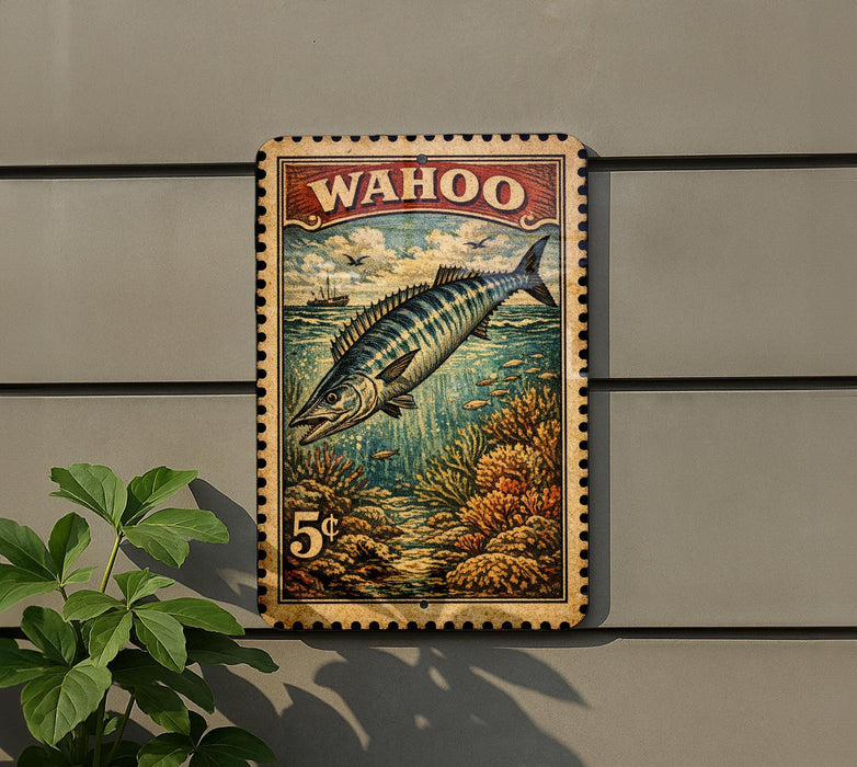 A vintage-style stamp-like sign featuring a fish, with the word "WAHOO" prominently displayed.