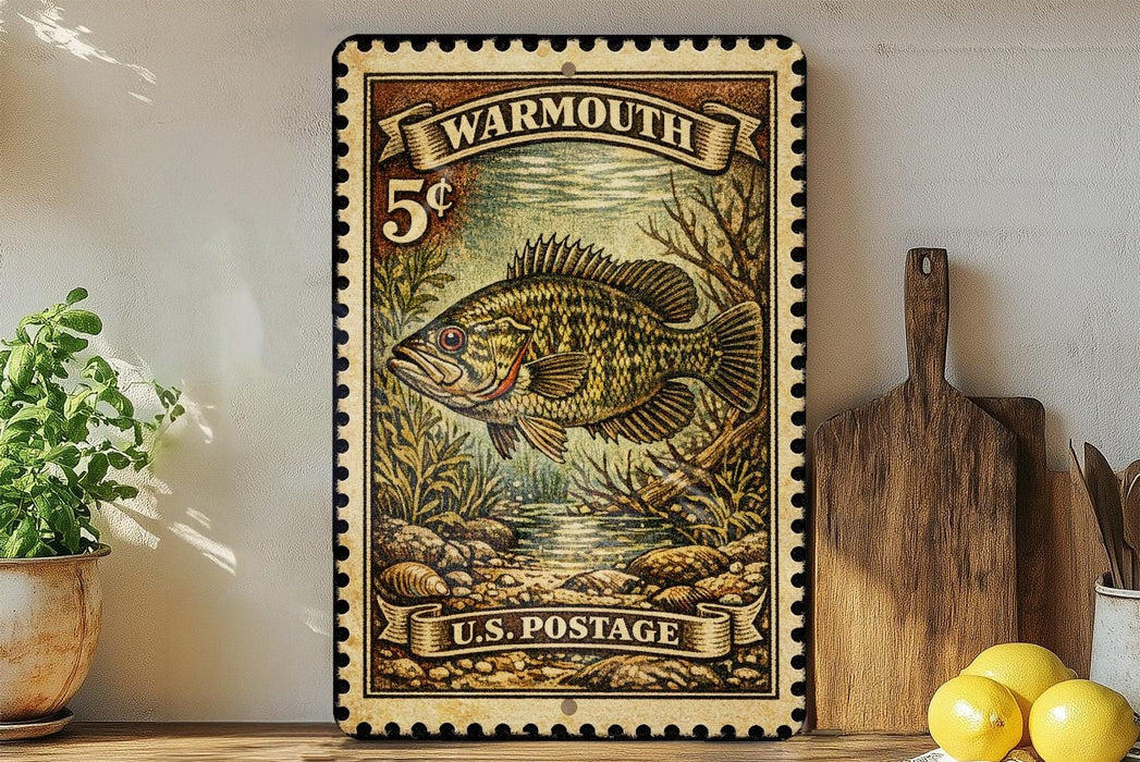 A vintage-style postage stamp featuring a fish, placed on a wooden surface next to a wooden cutting board and some lemons.