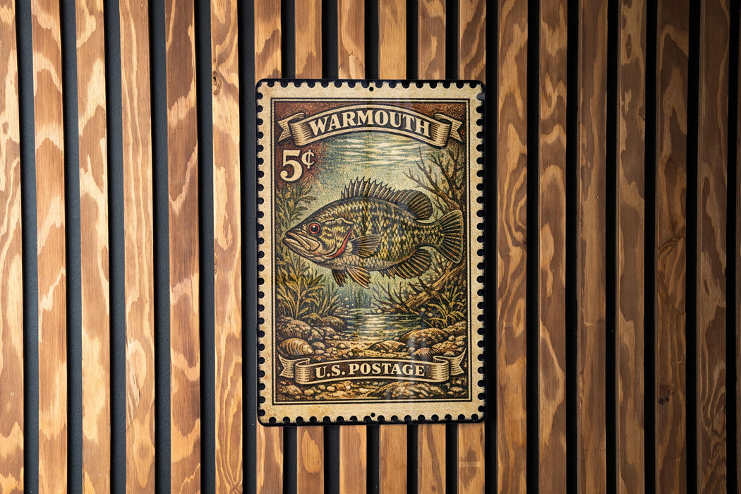 A 5-cent Warmouth postage stamp from the United States, featuring an illustration of a fish.