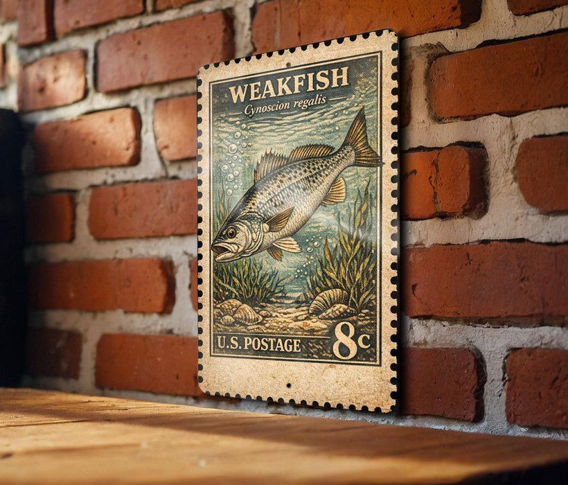 A weathered, vintage-style postage stamp featuring a fish illustration is displayed on a brick wall.