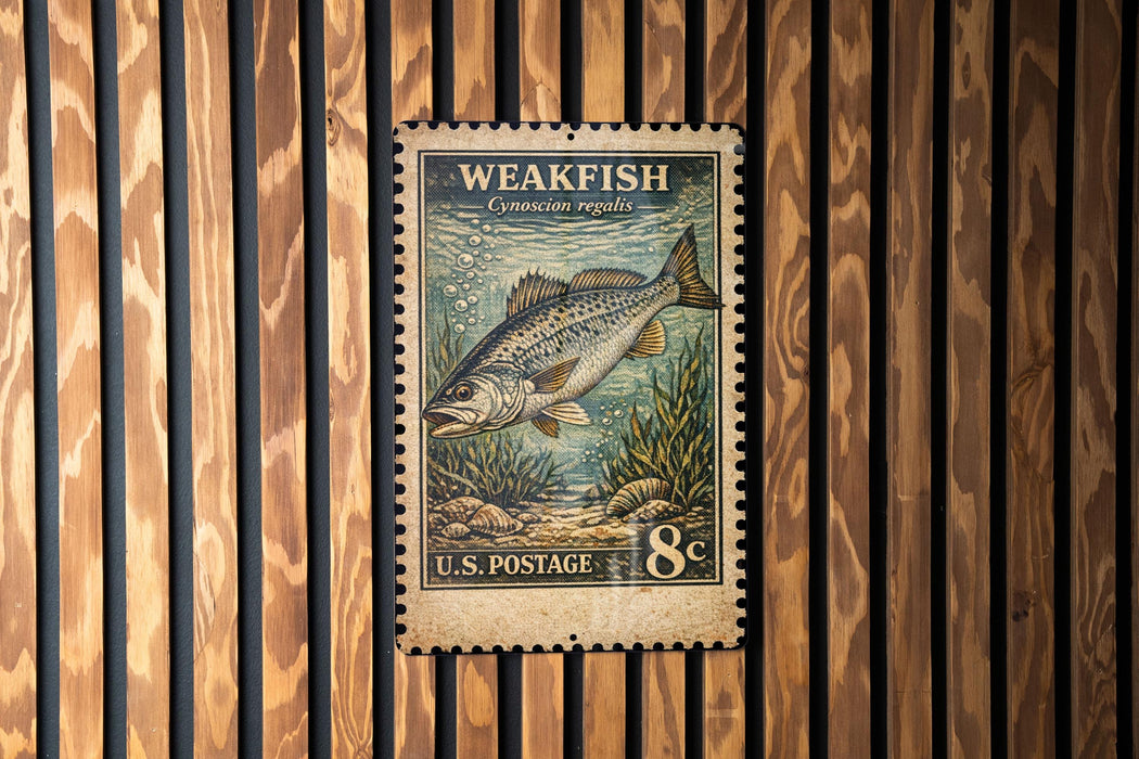 A vintage U.S. postage stamp featuring a fish, mounted on a wooden wall.