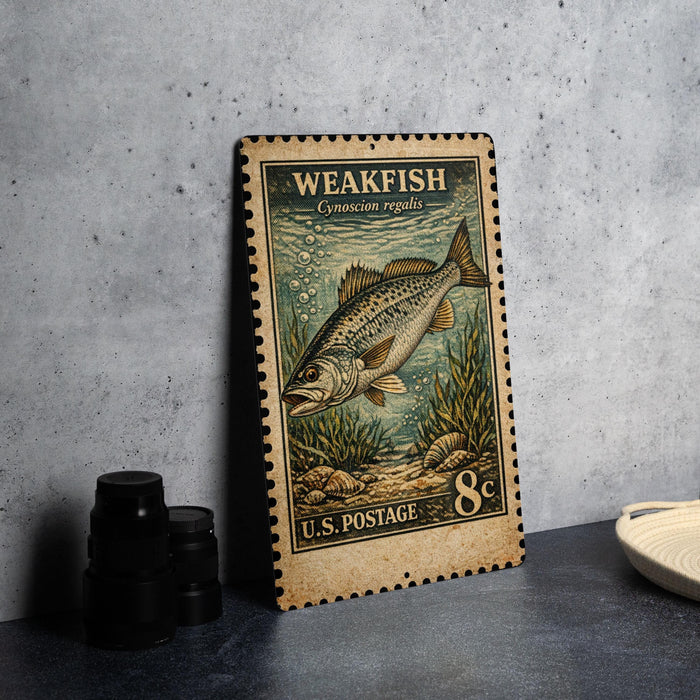 A weathered, vintage-style postage stamp featuring a fish, placed on a dark surface next to some black objects.