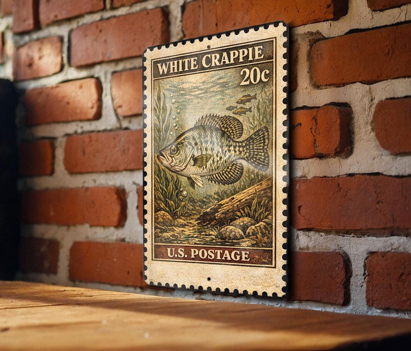 A white crappie 20c postage stamp is displayed on a brick wall, featuring a detailed illustration of a fish swimming in a river.