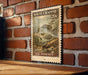 A white crappie 20c postage stamp is displayed on a brick wall, featuring a detailed illustration of a fish swimming in a river.