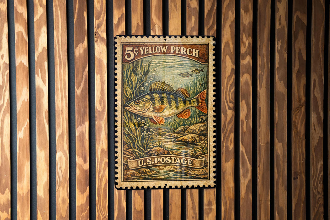 A 5¢ yellow perch postage stamp is displayed on a wooden wall.