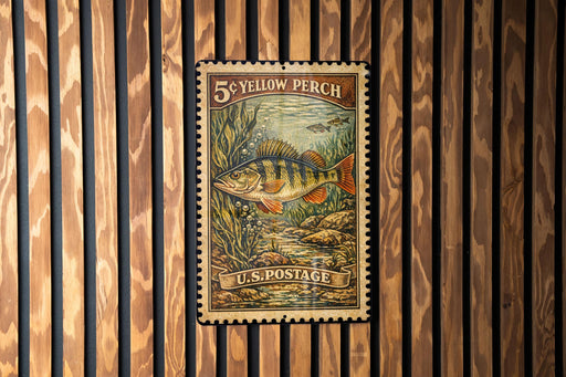 A 5¢ yellow perch postage stamp is displayed on a wooden wall.