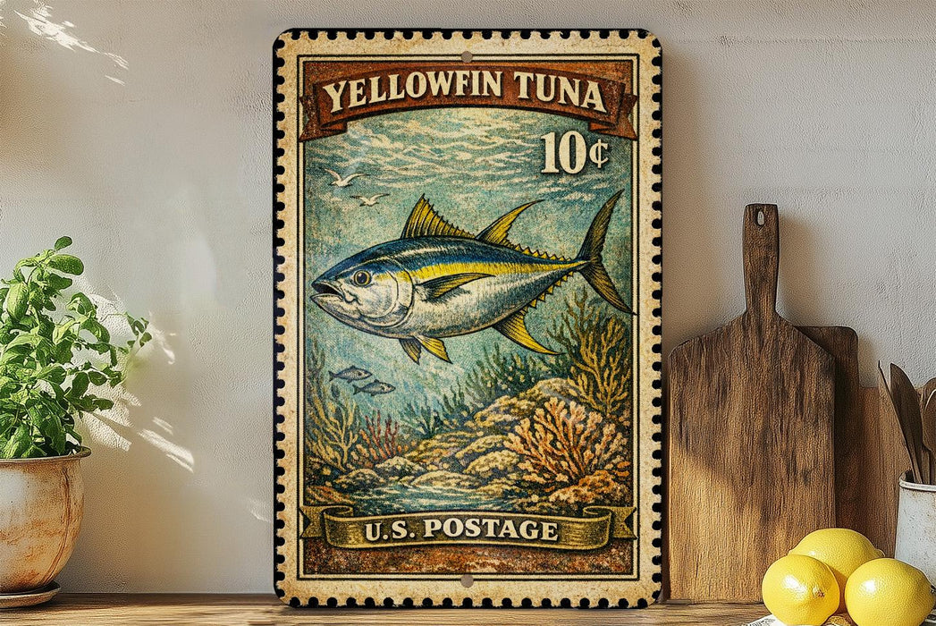 A vintage-style postage stamp featuring a yellowfin tuna fish, with a price of 10 cents, is displayed on a wooden surface next to a wooden cutting board and a potted plant.