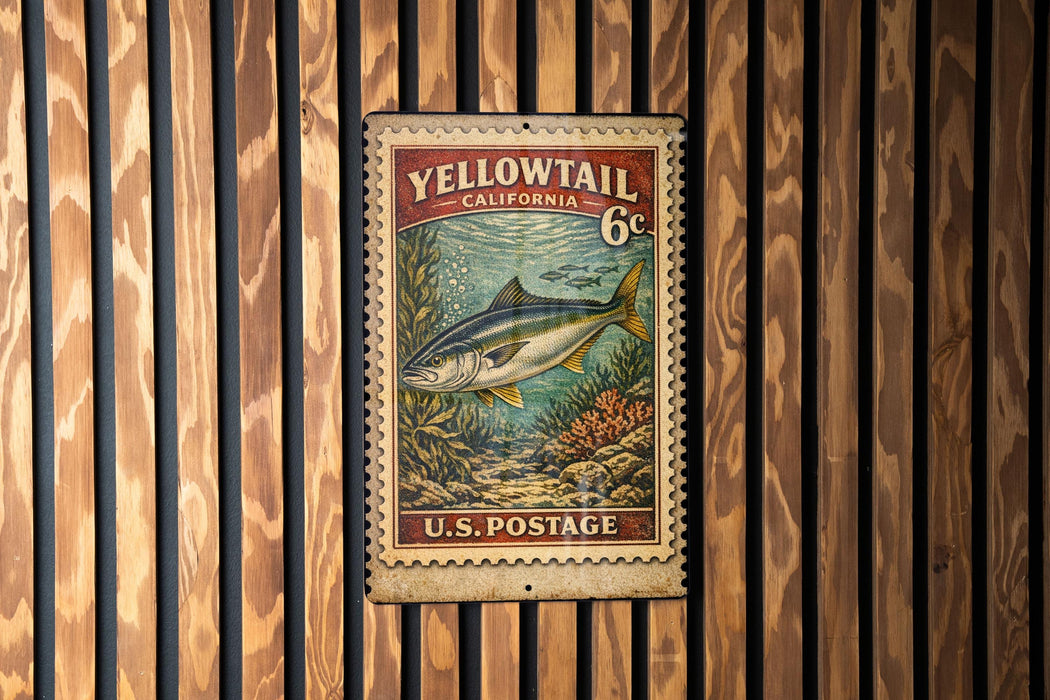 A vintage postage stamp from the United States, featuring a fish and marine life, is displayed on a wooden wall.
