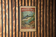 A vintage postage stamp from the United States, featuring a fish and marine life, is displayed on a wooden wall.
