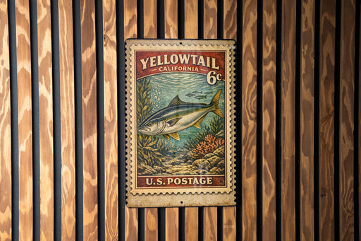 A vintage postage stamp from the United States, featuring a fish and marine life, is displayed on a wooden wall.