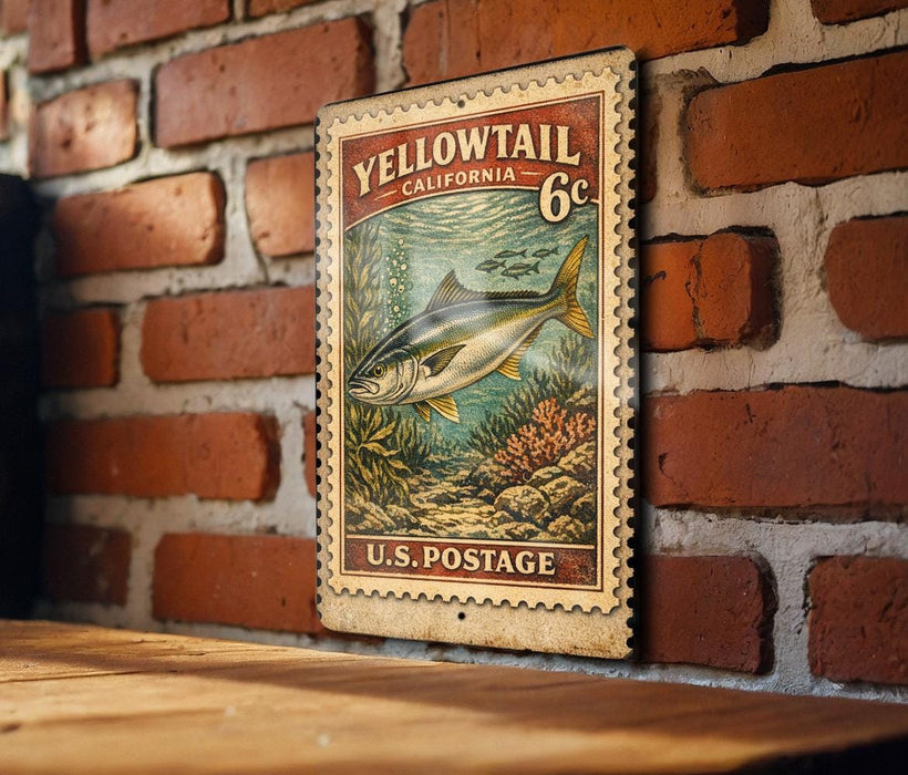 A vintage-style postage stamp from California, featuring a fish and marine life, is displayed on a brick wall.