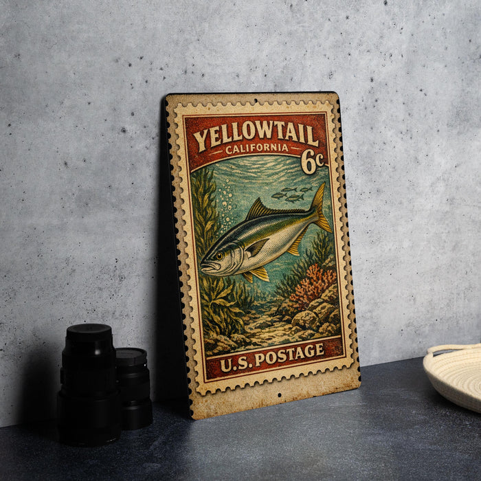 A vintage yellowtail postage stamp from California, featuring a fish illustration, is displayed on a table.