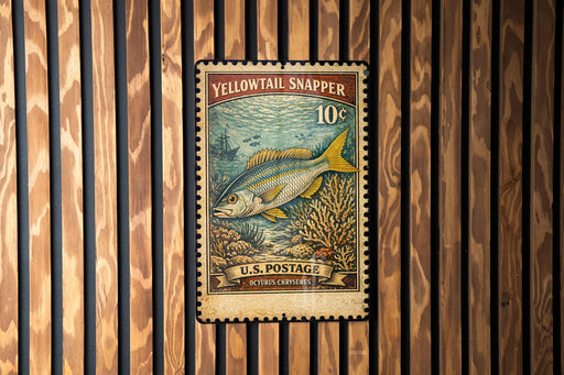 A vintage U.S. postage stamp featuring a yellowtail snapper fish, mounted on a wooden wall.