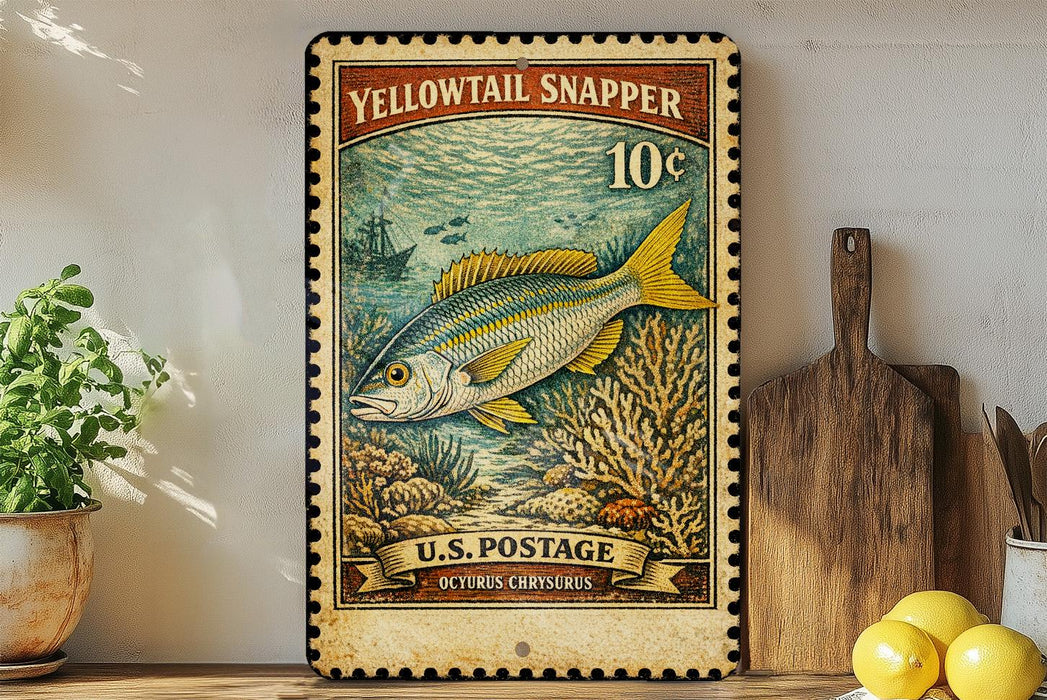 A vintage-style postage stamp featuring a yellowtail snapper fish, with a price of 10 cents, is displayed on a wooden surface next to a wooden cutting board and a potted plant.