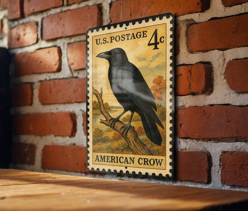 A vintage U.S. postage stamp featuring an American crow perched on a branch, mounted on a brick wall.