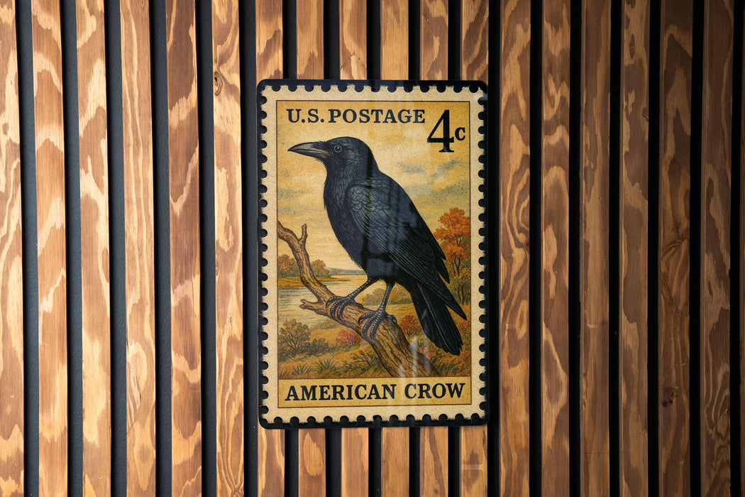 A U.S. postage stamp featuring an American crow perched on a branch.