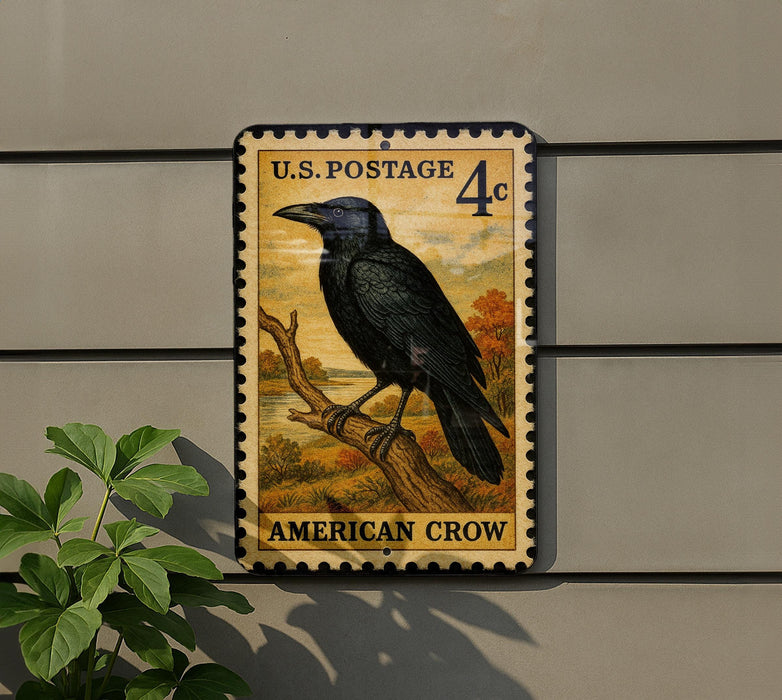 a U.S. postage stamp depicting an American crow perched on a branch.